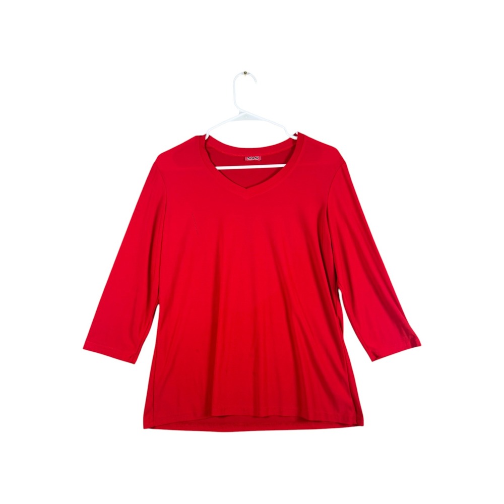 WOW Womens Red V-Neck 3/4 Sleeve Top Solid Casual Basic Shirt